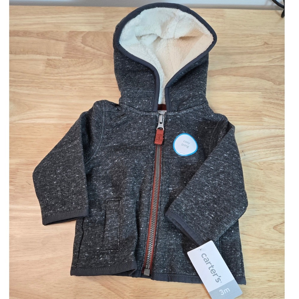 Carters Baby Boy Zip Up Sherpa Lined Hoodie Jacket Gray Marl 3M 127G789